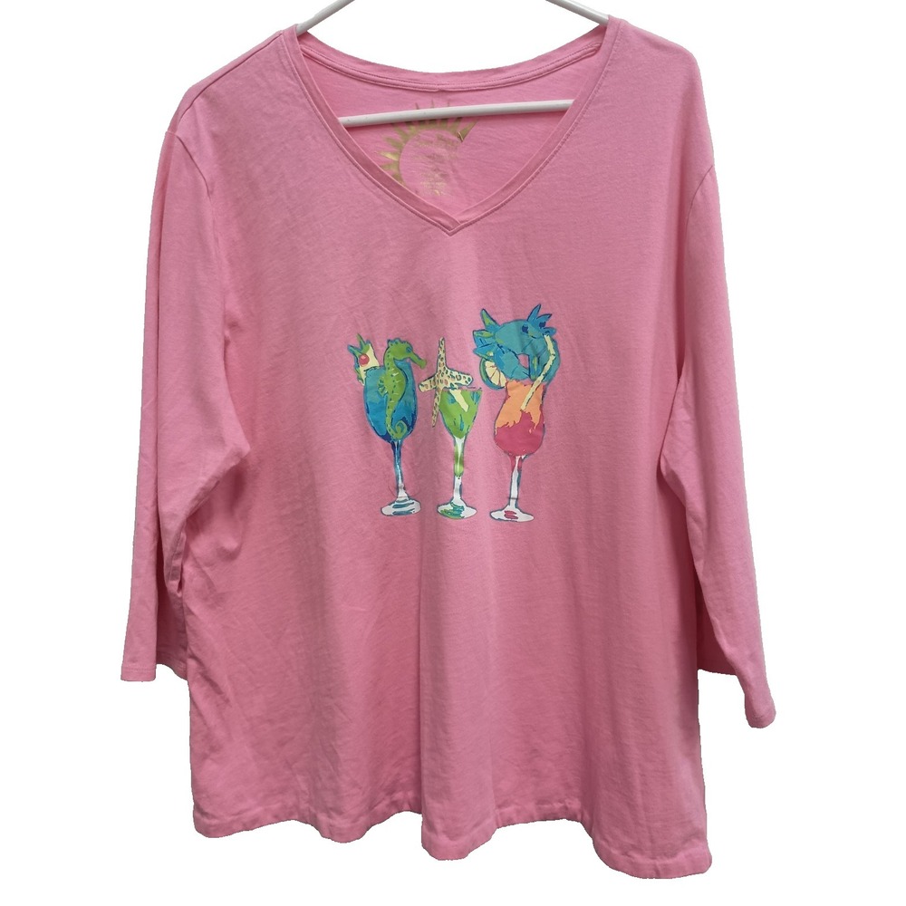 Sun‎ Bay Womens Top Size 1X Pink Graphic Print Novelty 3/4 Sleeve V-Neck Resort